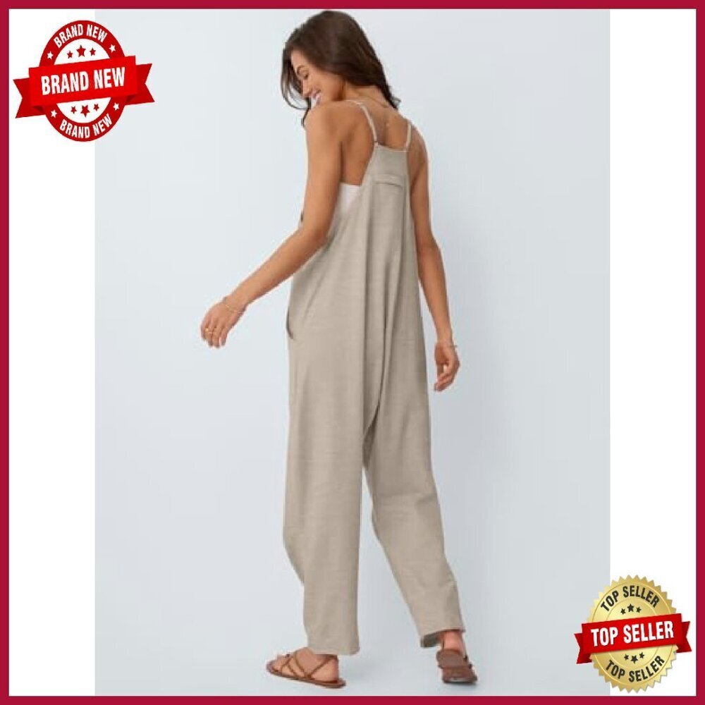 Cotton Spandex Jumpsuit V-Neck Spaghetti Strap Pockets Loose Fit - Picture 5 of 6